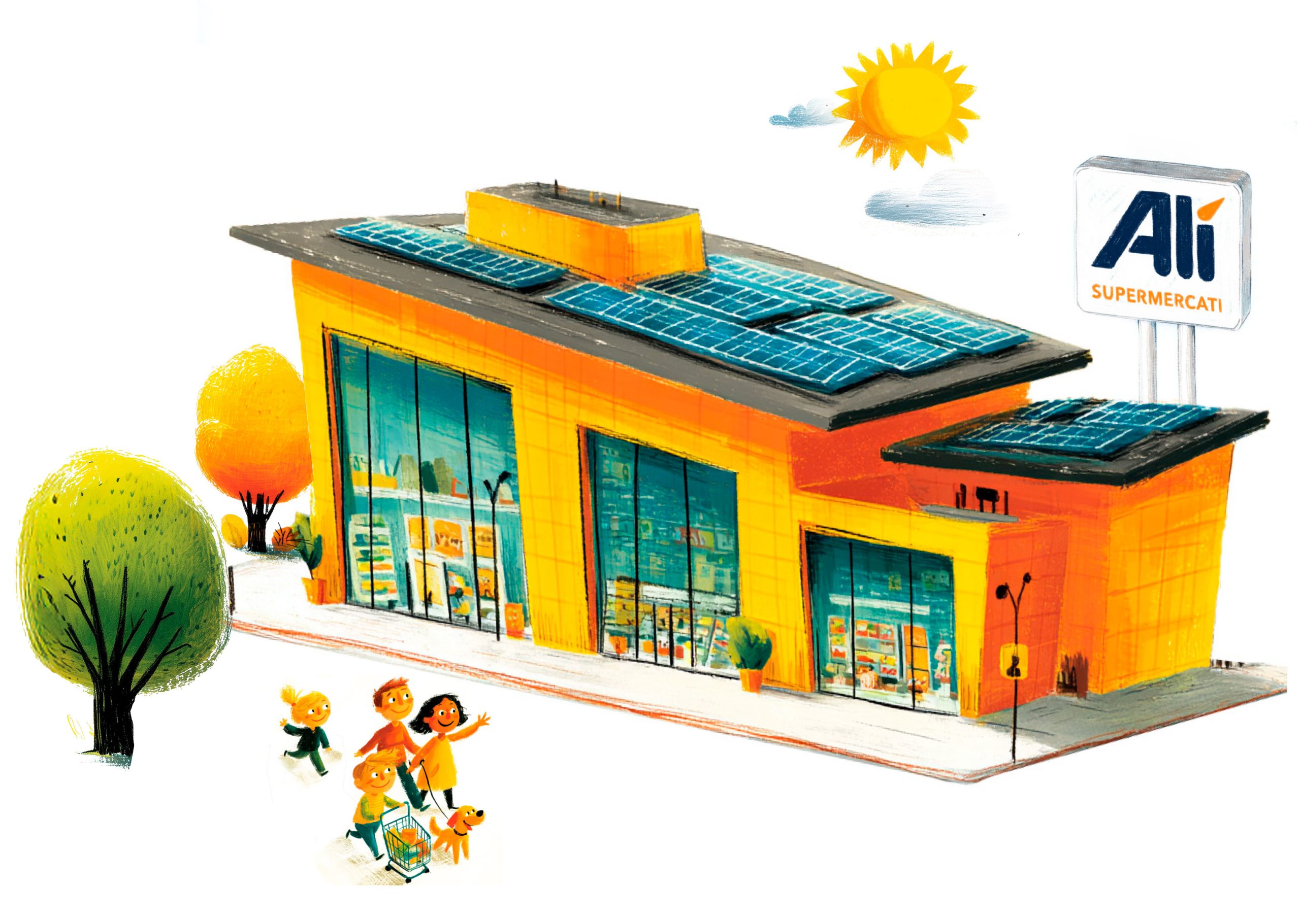Illustrazione di un supermercato Alì con pannelli fotovoltaici e verde