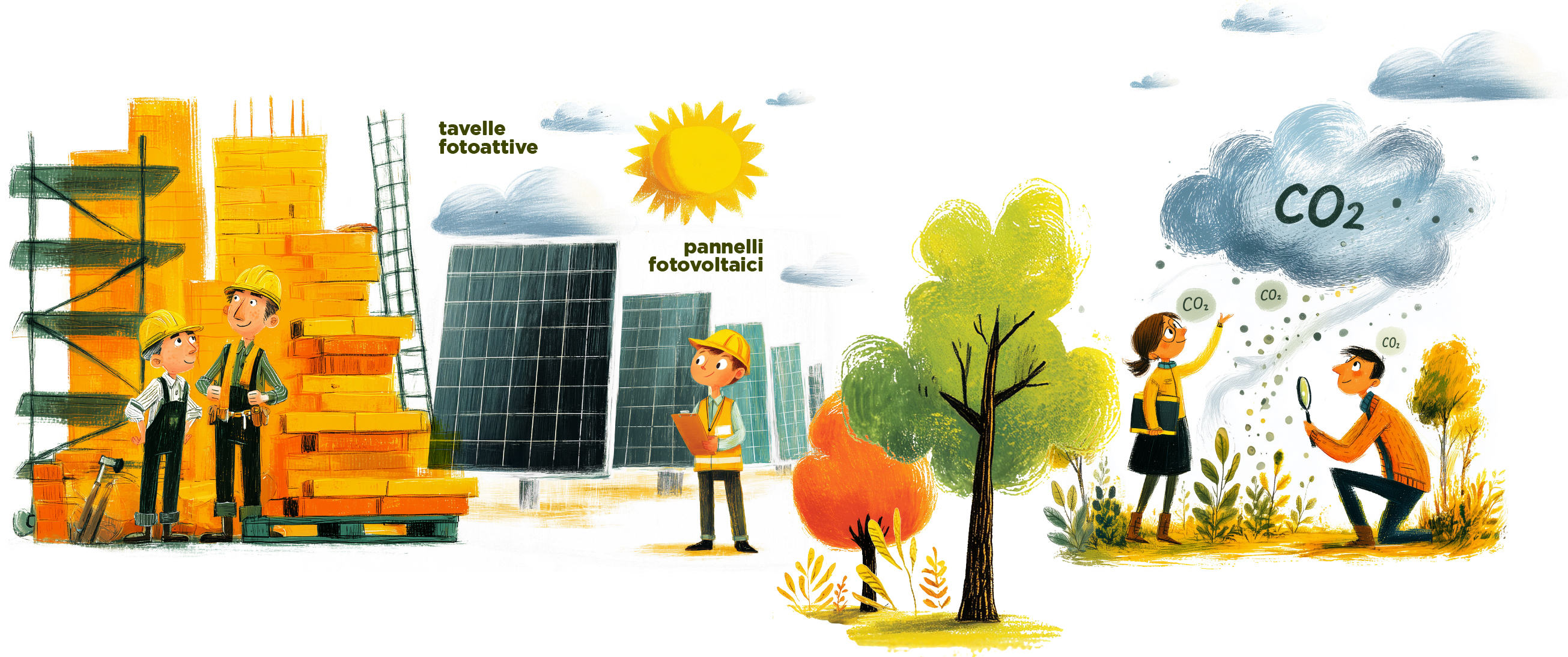 Illustrazione di interventi edilizi, pannelli fotovoltaici e riduzione della CO₂