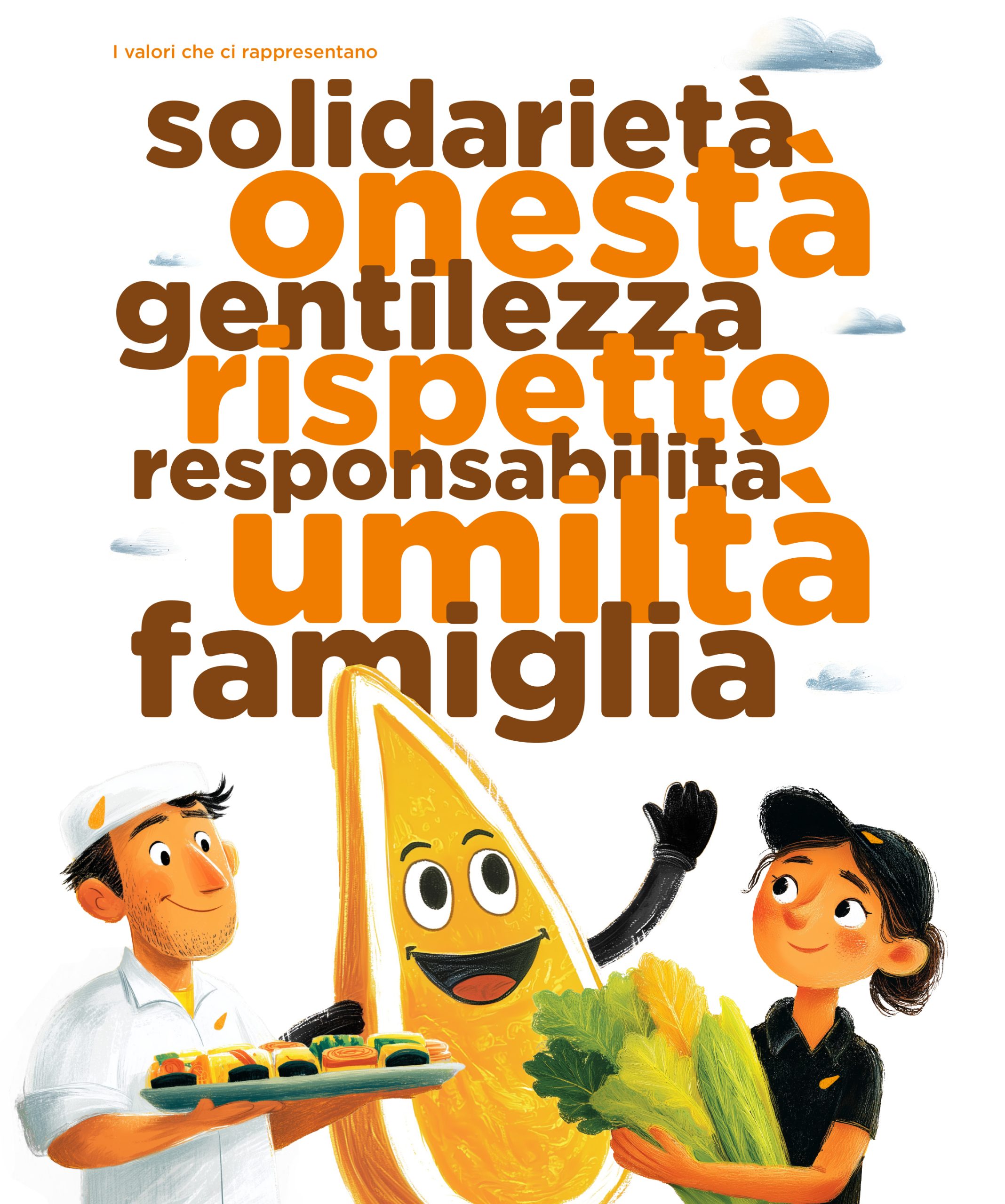 Placeholder: composizione illustrata dei valori solidarietà, onestà, gentilezza, rispetto, responsabilità, umiltà e famiglia